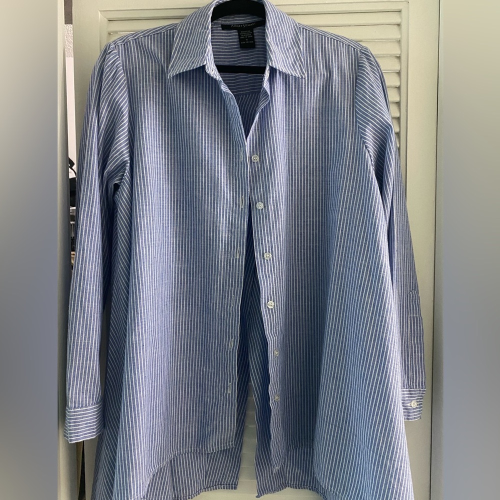 Ashley Stewart blue and white striped cotton shirt